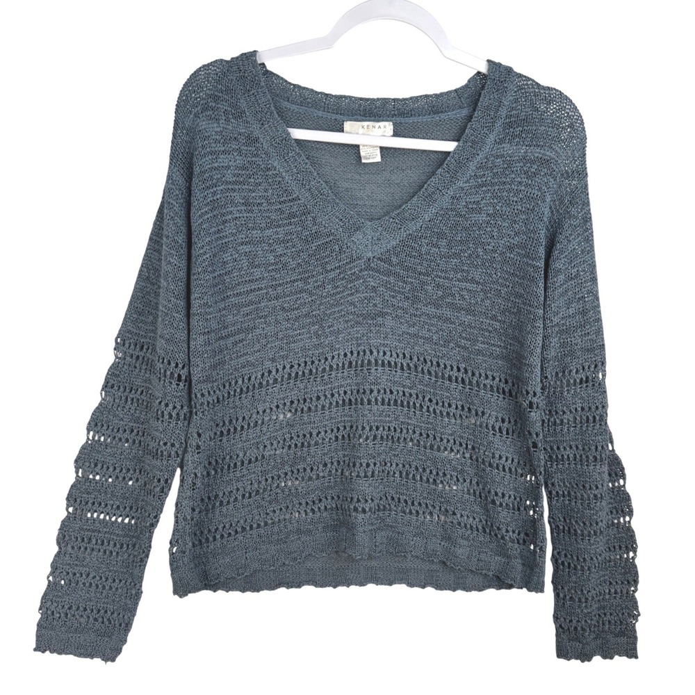 Kenar Womens Blue Grey Open Knit V-Neck Sweater Size Medium Pointelle Scalloped